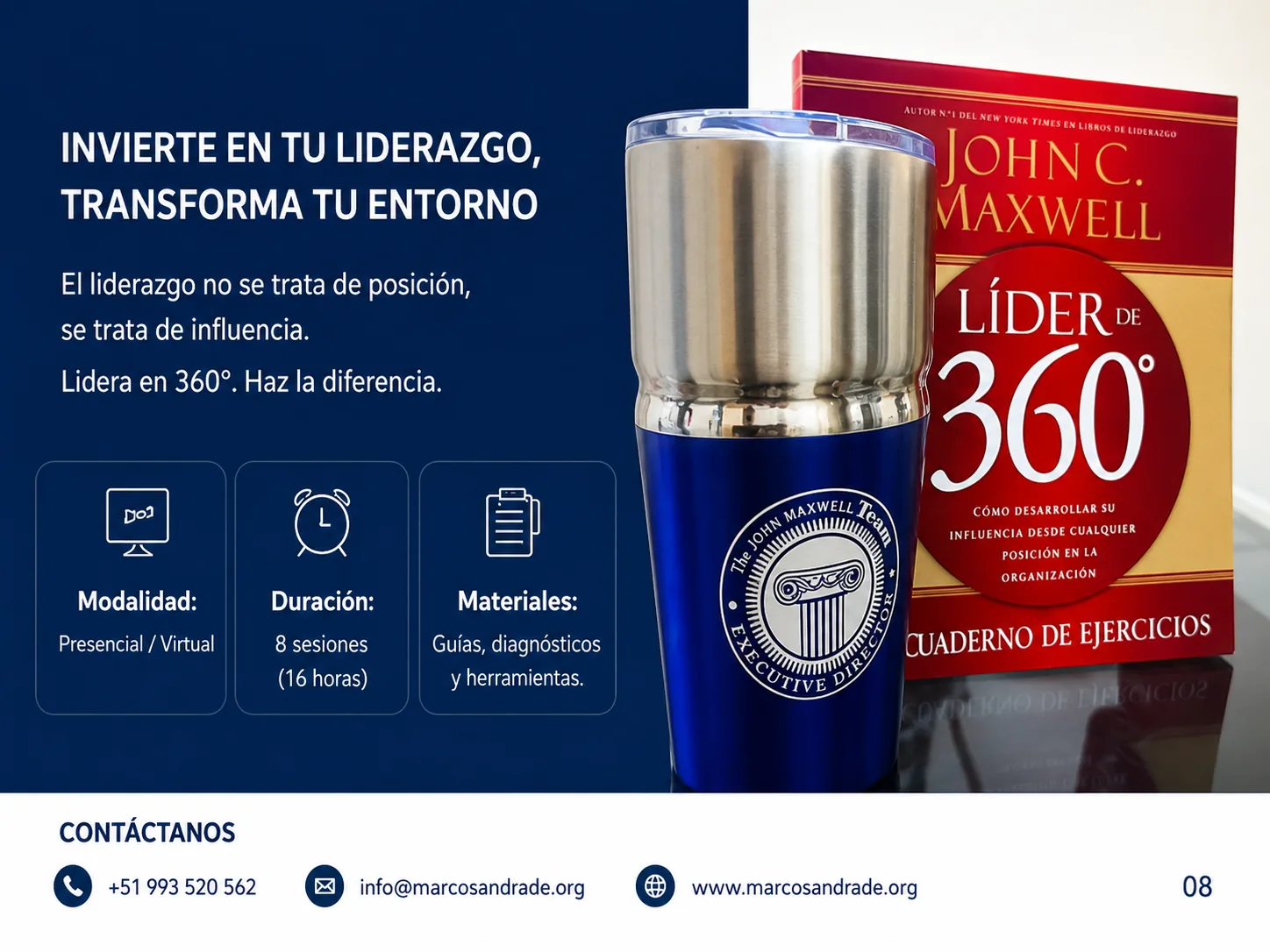 Líder de 360°, materiales y datos de contacto